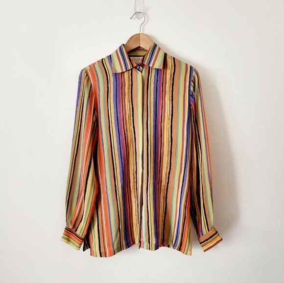 Vintage Tess 100% Silk Multi-colored Striped Long Sleeve Shirt Size S - Picture 16 of 16